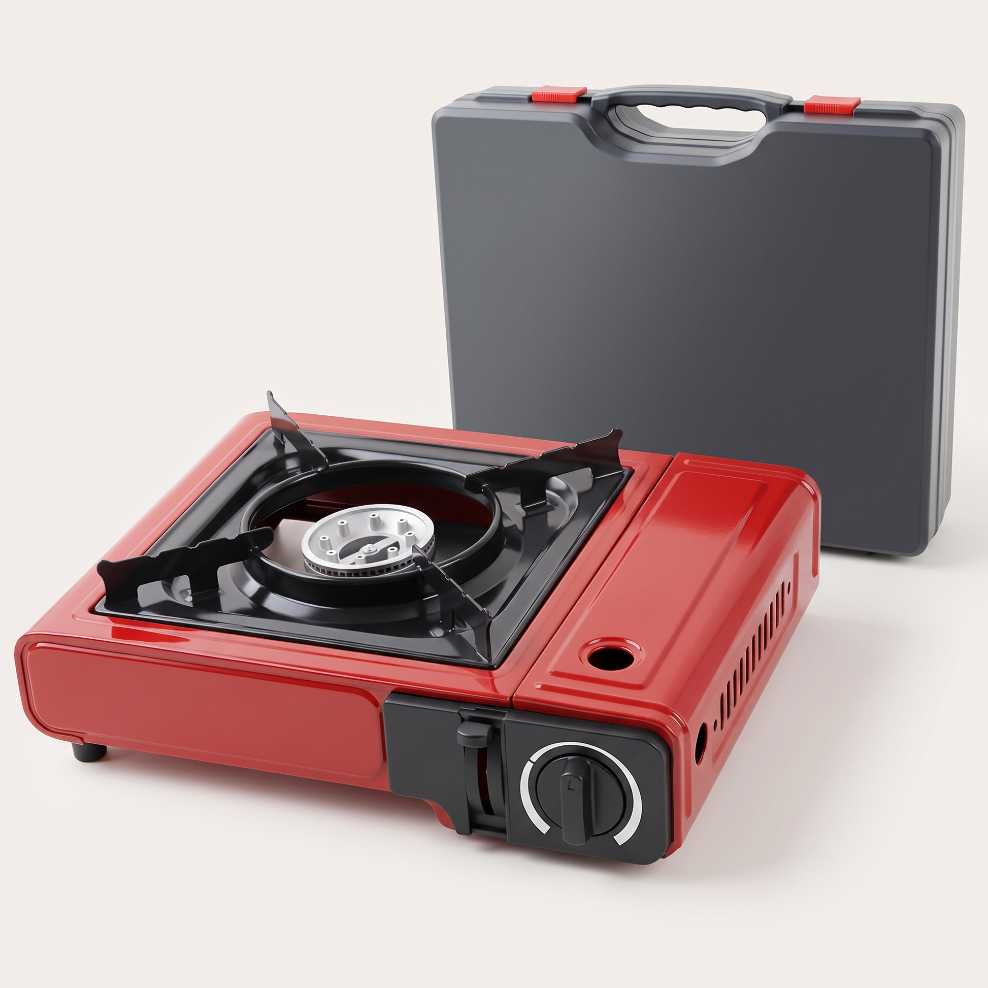 Emergency Stove studio view - single-burner portable camping gas stove with cast-iron pot support and its hard carry case