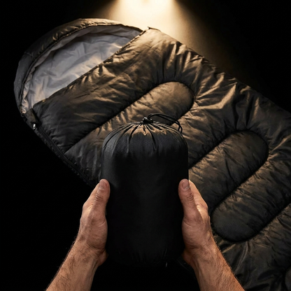Emergency Sleeping Bag held in two hands in its compact stuff sack