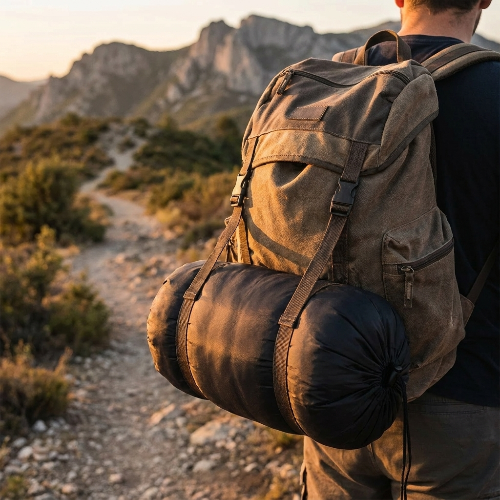 Emergency Sleeping Bag strapped to a hiking backpack